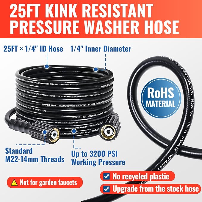 YAMATIC Pressure Washer Gun and 25FT Hose M22-14mm & M22-15mm with Wand | 4000PSI 5 Tips Holder 1/4" QC Outlet for Foam Cannon, Kink Resistant Power Wash Hose, Replacement for Ryobi Simpson Craftsman