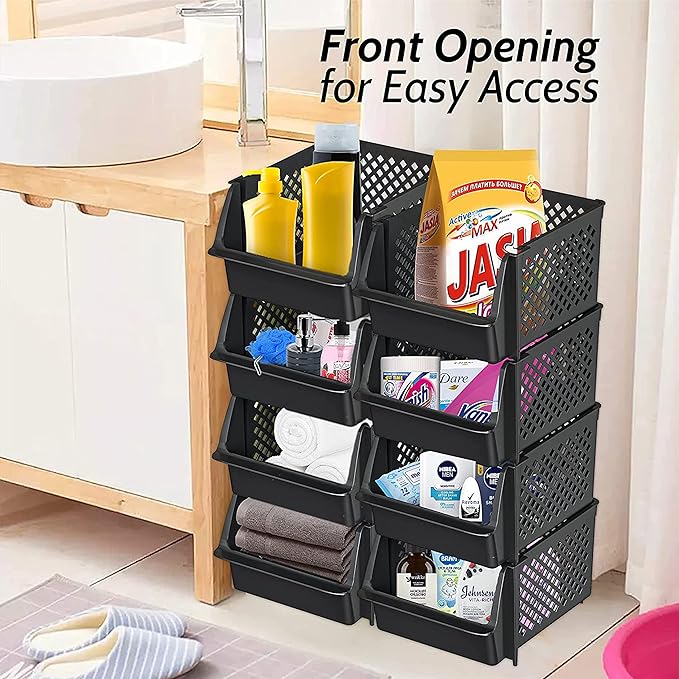 TidyFriend Plastic Stackable Storage Bins for Pantry - 8 Pack Stackable Bins For Organizing Food, Kitchen, and Bathroom Essentials (Black)
