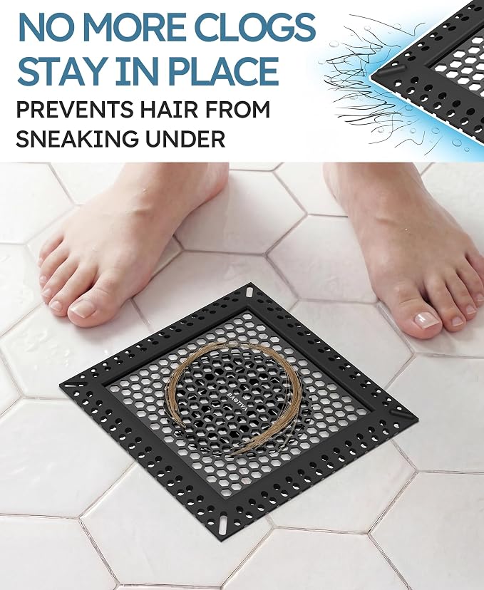 Square Shower Drain Hair Catcher, Flat Shower Drain Hair Catcher, Anti-Clogging Fast Drainage, Anti-Slip, Easy Clean Fits Bathroom Hair Catcher for Shower (Matte Black, 4 inch)