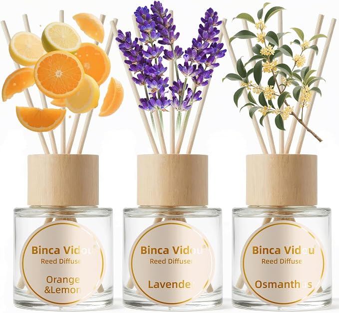 Reed Diffuser Set, Lavender Osmanthus Orange&Lemon Scent Oil Diffusers with Sticks for Home Office Bathroom Aromatherapy Decor 1.69oz X 3