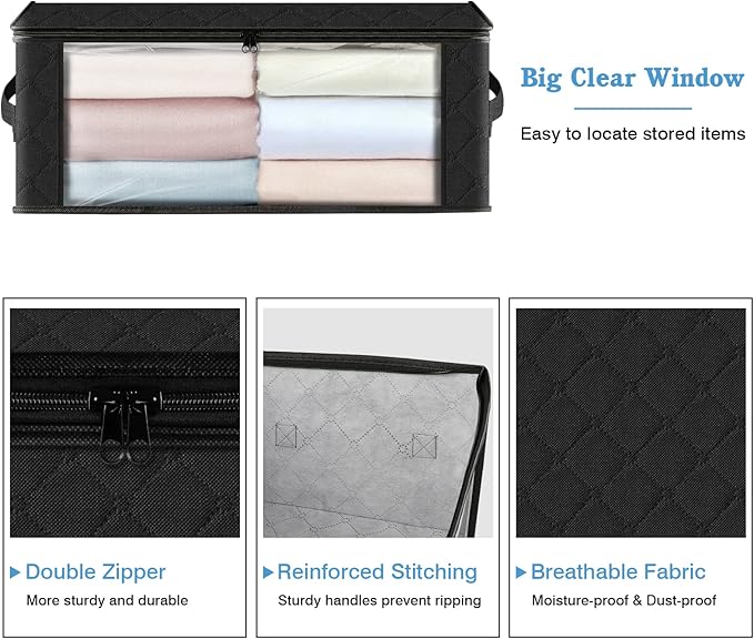 HomeHacks Storage 10-Pack Clothes Organizer Storage Bags Foldable Storage Box with Large Clear Window Sturdy Handles for Closet, Dorm, Pillows, Bedding, Clothes, Blankets, 35L, Black