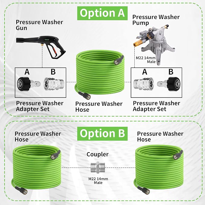 PWACCS Pressure Washer Hose 50 FT, 1/4" ID Steel Braided Power Washer Hose with M22-14mm Fittings - 4000 PSI High Pressure Wash Replacement Hose with Universal Adapter Kit, Green