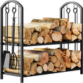 Fire Beauty Fireplace Firewood Log Rack 5-Piece Storage Logs Holder with Tools Set with 4 Tools Set Fireside Holders Wood Lumber Storage Stacking Black