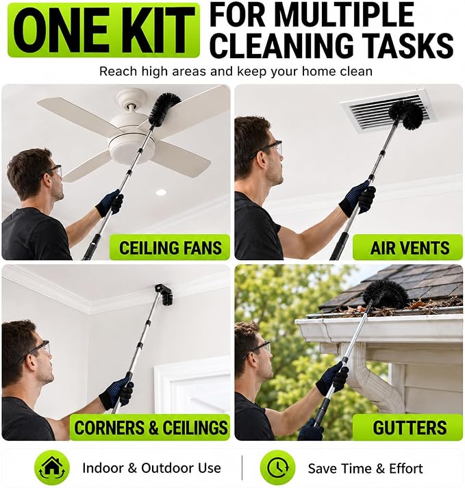 10.5FT Gutter Cleaner Kit, Flexible Brush Head, Extendable Pole Tool | Flexible Nylon Bristles, Adjustable Cleaning Angles, Tool-Free Setup, Portable Storage Design