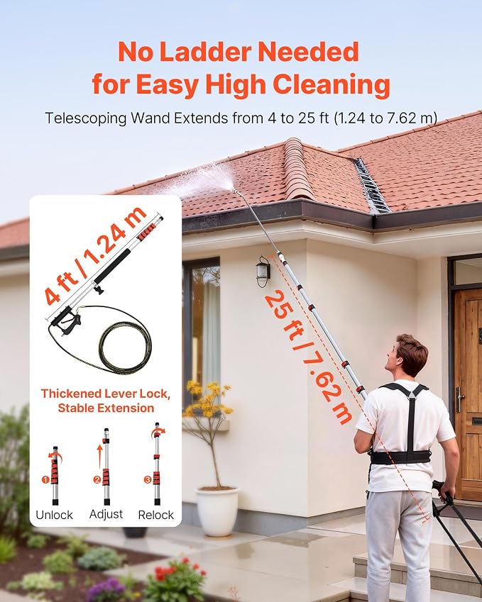 VEVOR 25 FT Pressure Washer Telescoping Wand, with Power Washer Extension Wands & High Pressure Hose, Brush Head, 7 Nozzles, Hose Adapter, Upgrade Support Belt, Storage Bag, 4000 PSI for High Cleaning