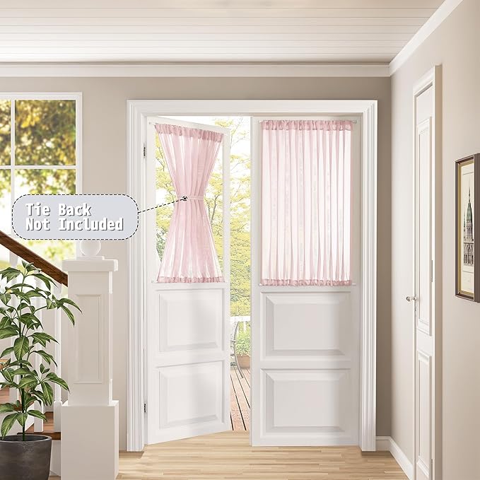 Tollpiz Short Sheer Door Curtains Closet Linen Textured Curtains Sheer Doorway Light Filtering Voile Patio Glass Door Rod Pocket Curtain French Door, 54 x 40 inches Long, Pink, Set of 1 Panel
