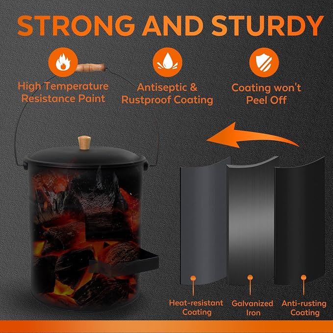 Ash Bucket with Lid and Shovel, 4 Gallon Ash Bucket for Fireplace, Complete Fireplace Tools Set, Fireplace Bucket for Ashes for Wood Stove