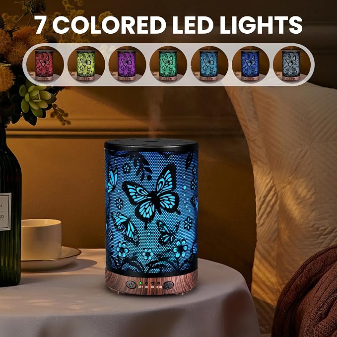 Essential Oil Diffuser 120ML Metal Aromatherapy Diffuser with Timer, Cool Mist Humidifier with Auto Shut-Off & 7 Color Lights for Home Office Spa (Big Butterfly)