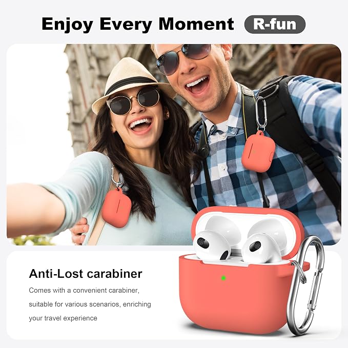 Compatible with AirPods 3 Case Cover, Silicone Protective Accessories Skin with Keychain Compatible with Apple AirPod 3rd Generation 2021 for Women Men Girls Boys,Front LED Visible,Peach Pink