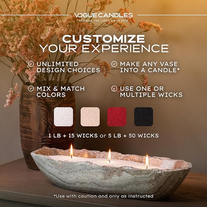Vogue Candles 1LB Candle Sand with 15 Wicks | Plant-Based Refillable Wax Granules for DIY Candle Making | Clean Burning, Unscented, Smoke-Free, Vegan Candle Refill Kit- Black