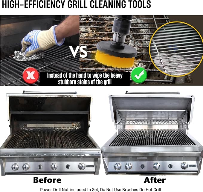 7 Piece BBQ Grill Cleaning Brush Ultra Stiff Drill Powered Cleaning Brushes Nylon Safe Bristle BBQ Grill Rust Remover Gift for Dad Grill Cleaner for Outdoor Grill (Yellow)