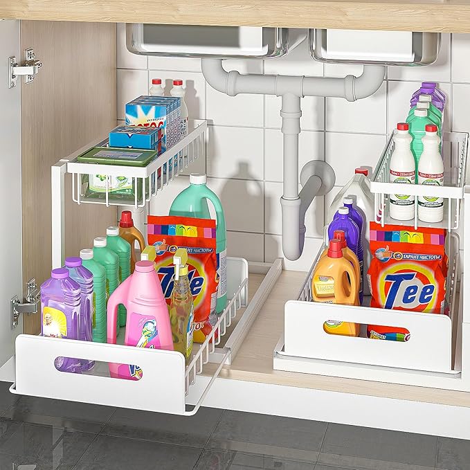bukfen Under Sink Organizer, Pull Out Home Organizers 2-Tier Slide Out Sliding Shelf Under Cabinet Storage Multi-Use for Under Kitchen Bathroom Sink Organizers and Storage,White,2 Pack