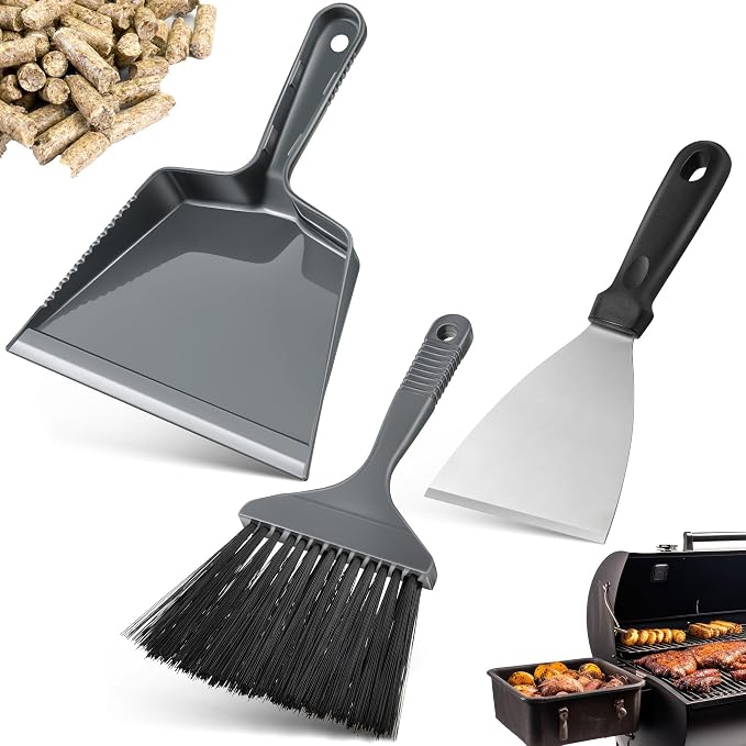 3 Piece Pellet Grill Ash Cleaning Kit, Easy to Remove Ash & Grime | Includes Large Dust Pan, Soft Bristle Brush, Metal Scraper & Wire Brush, Compact & Portable, BBQ Grill Cleaning Essential