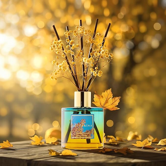 Reed Diffuser - Golden Leaves Reed Diffuser Set with 8 Sticks & Preserved Baby's Breath, Reed Diffuser for Home Bathroom Shelf Decor