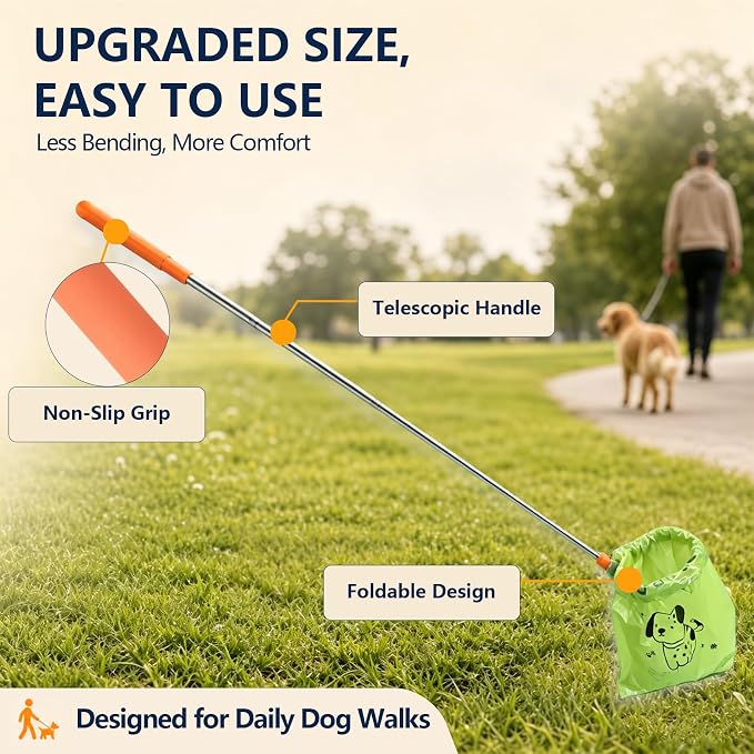 Dog Pooper Scooper with Bags, Long Handle No-Touch Dog Waste Picker Tool | With 90 Rolls Poop Bags, 47 Inch Extendable Handle, No Bending Cleanup, Portable Pooper Scooper for Yard, Walks and Travel