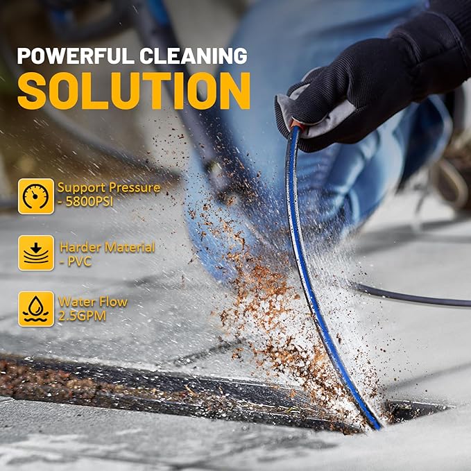 Sewer Jetter Kit for Pressure Washer 200FT, Drain Cleaner Hose 5800PSI 1/4 Inch NPT Corner with Sewer Cleaning Tool High Pressure Nozzle and Spanner Waterproof Tape