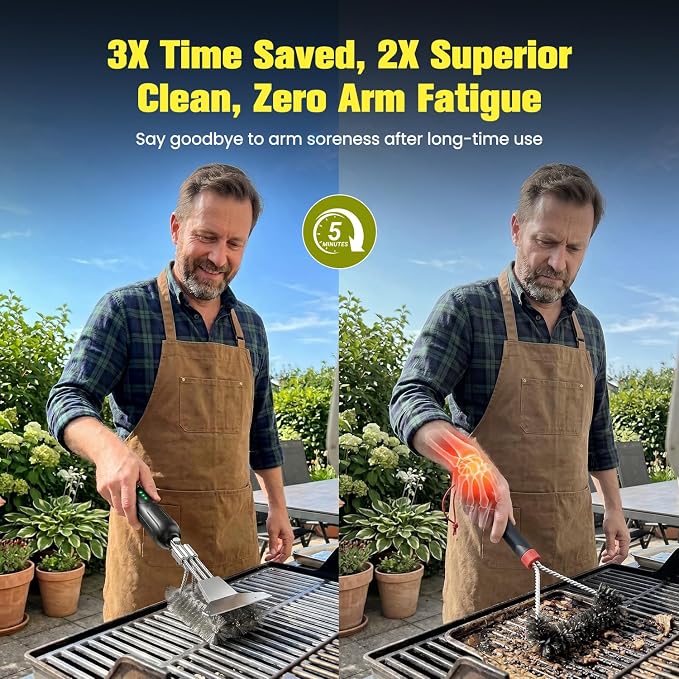 Electric Grill Brush with Scraper, 20kg High-Torque Power BBQ Grill Cleaner, Dual Mode (Auto/Manual), 2-Speed Rechargeable, LED Light, Reaches Grill Grate Sides & Corners, Gift for Dad/Men