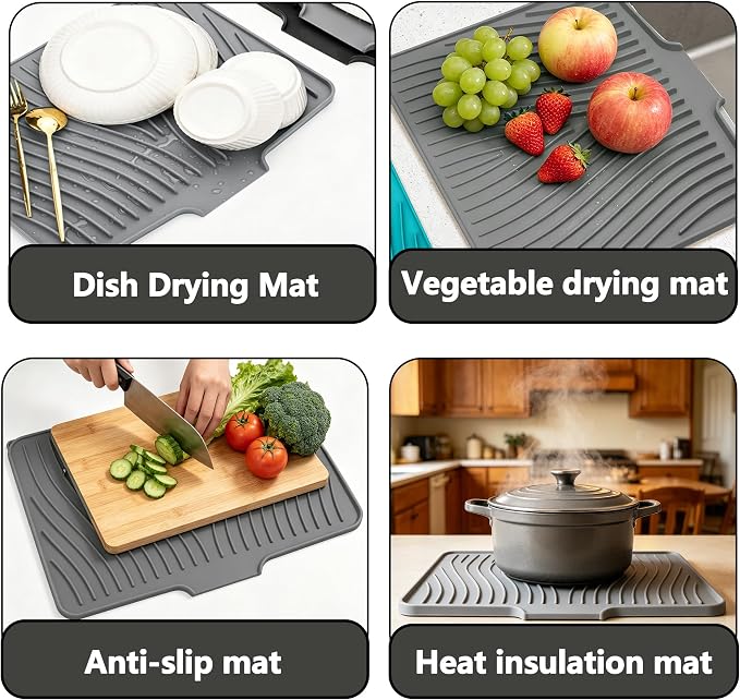 Silicone Dish Drying Mat,Dish Drying Pad,Kitchen Accessories,with Built-In and Non-Slip Drain,Easy Clean, Fit for Kitchen, Bar, RV, Refrigerator and Drawer Liner, 19.7*17 in Grey 1PCS by EBIGIC