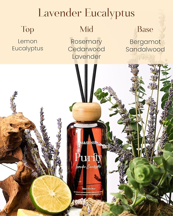 M&SENSE Reed Diffuser, Lavender Eucalyptus, 6.3 oz Natural Essential Oil | Non-Toxic Organic, Long-Lasting Fragrance, Ideal for Bathroom, Bedroom, Gifts for Women