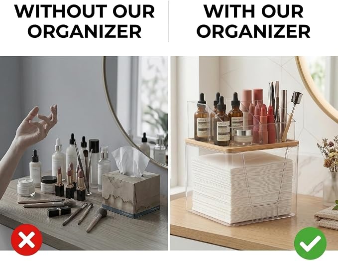 Disposable Facial Towels Holder, 2 in 1 Facial Towels Storage Box | Clear Acrylic Box with Bamboo Lid Stackable Vanity Organizer Cosmetics Organizer Compatible with Clean Skin Club Towel XL