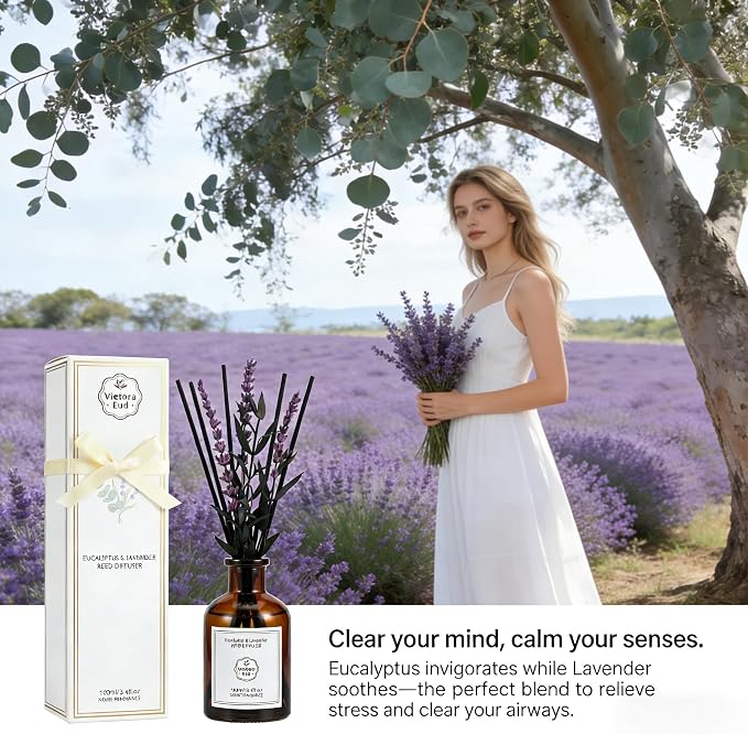 Eucalyptus & Lavender Reed Diffuser, 3.34 Fl Oz | Calming Scent; Long-lasting for 12 Weeks for Bedroom, Bathroom, Living Room or Office; Gift-ready.