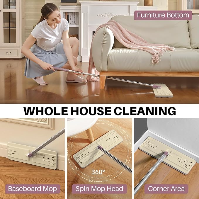 JOYMOOP Flat Mop System, Microfiber Cleaning System for Floor Cleaning and Wall Use, 50" Handle with 13" Flat Head, Beige & Blush Brown
