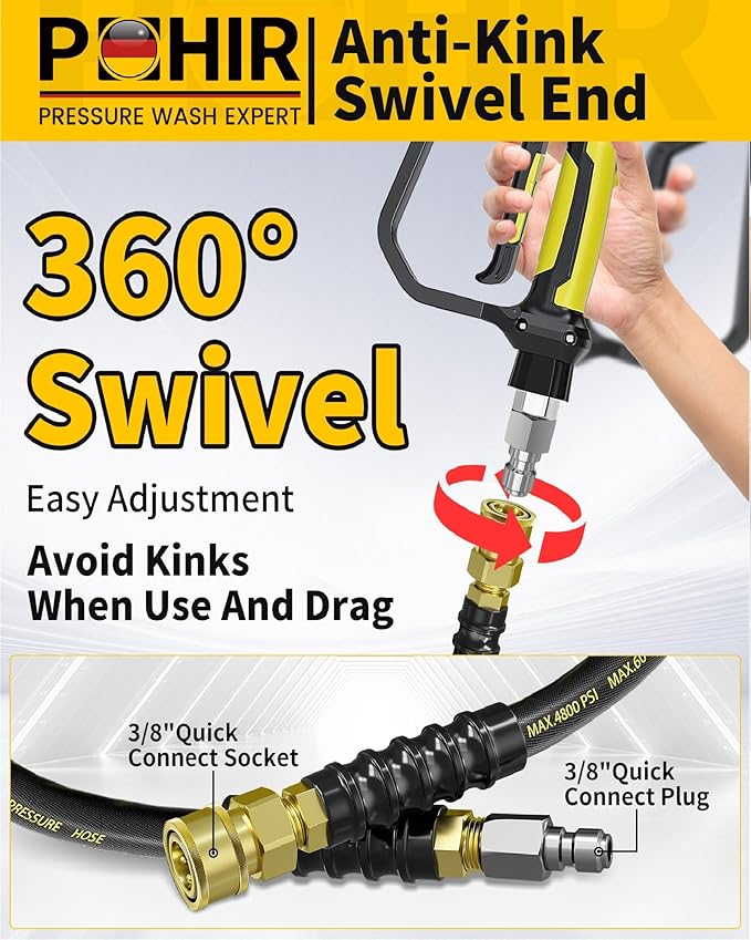 3/8" Pressure Washer Hose 25ft 4800PSI, Power Washer Hose Steel Wire Braided with Swivel Quick Connect, Commercial Grade Industrial High Pressure Water Washing Hose (4800PSI, 25FT)