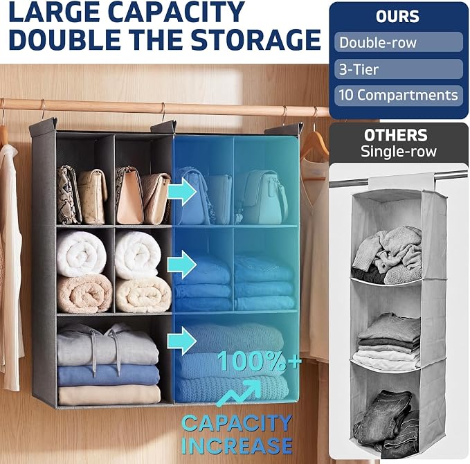 3 Tier Hanging Closet Organizer, 10 Compartments Dual Row Storage, Grey | Closet Organizers and Storage with Large & Small Pockets, 3 Sturdy Hooks Support Heavy Loads, for Dorm, RV, Garment Rack