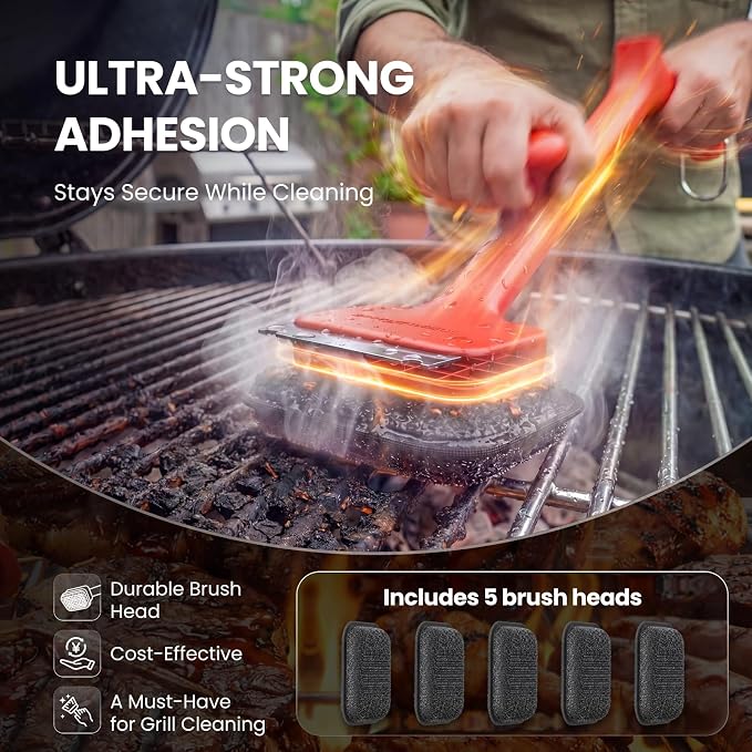 ThermoMaven BBQ Grill Brush Bristle Free - 17" Safe Steam Grill Cleaner Brush with Scraper and 5 Brush Heads for Porcelain/Gas/Charcoal Grill Outdoor Grill Barbecue Cleaner