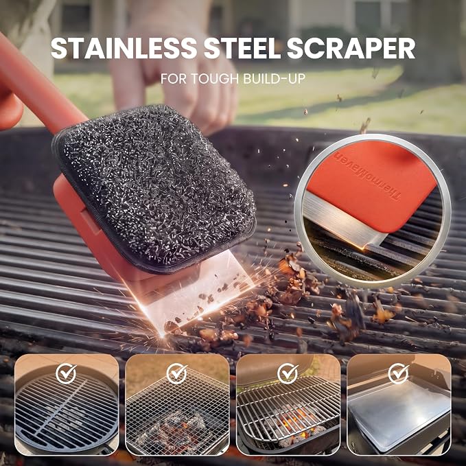 ThermoMaven Bristle-Free BBQ Grill Brush - No Wire Risk Steam Cleaner Removes Burnt Grease Fast - 17" Cool-Touch Handle, Scraper & 3 Replaceable Heads for Gas, Charcoal & Cast Iron