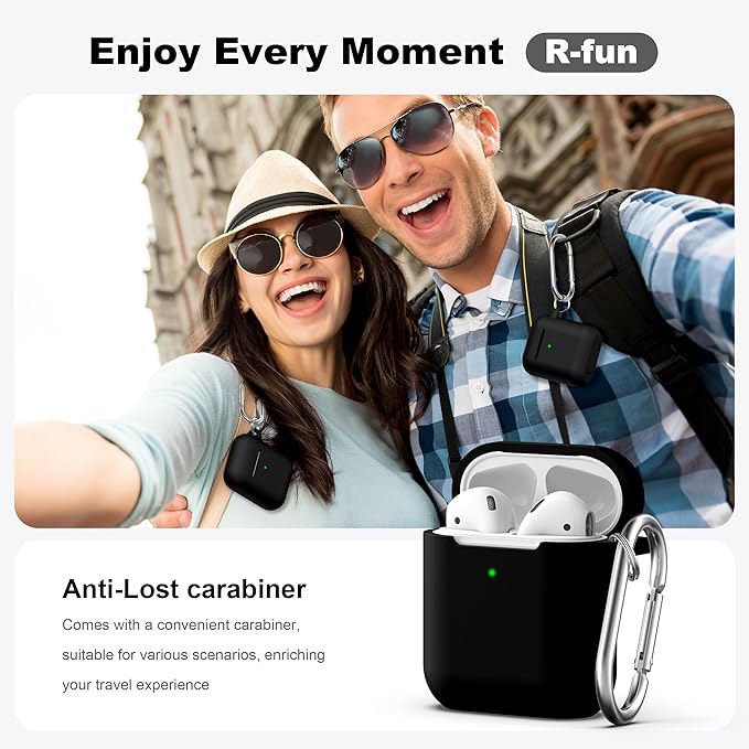 R-fun for AirPods 1/2 Case, Soft Silicone Protective Cover with Keychain and Cleaning Pen, Compatible with AirPods 2nd/1st Generation (2016/2019), Full Drop Protection Cover, Black
