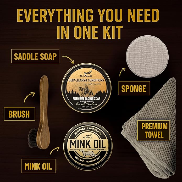 Leather Boot Care Kit – Mink Oil, Saddle Soap for Leather, Applicators & Cloth – Leather Care Kit, Boot Leather Care Kit, Leather Shoe Care Kit for Cowboy Boots, Work Boots, Shoes, and Tack