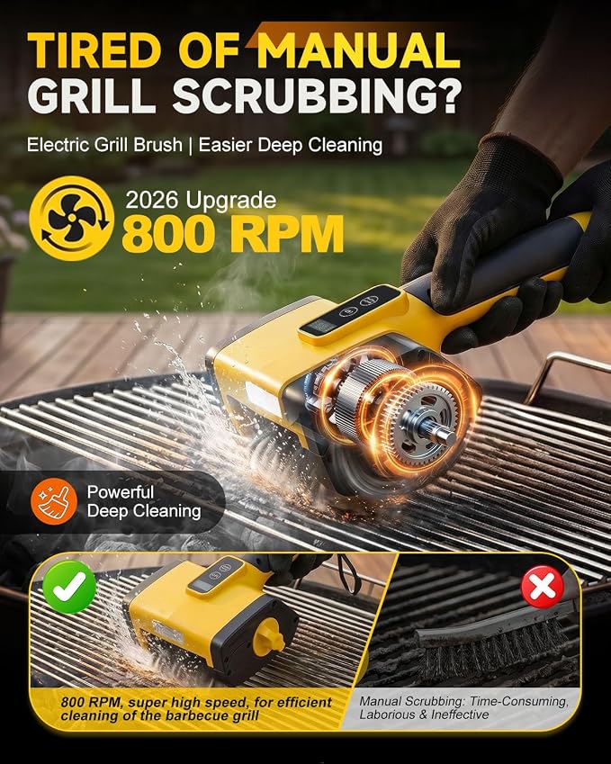 Electric Grill Brush, 800RPM Powerful BBQ Grill Cleaner with Digital Display, 360° Adjustable Angle, 240-Min Runtime, 4000mAh Variable Speed Grill Brush with Stainless Steel Head for Outdoor Grill