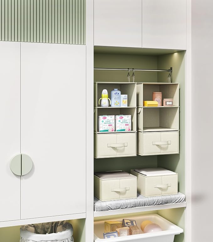Vailando 2 Pack 3-Shelf Hanging Closet Organizer with 2 Drawers, Beige | Two Hanging Organizers with Fabric Drawers, Space-Saving Closet Storage for Clothes, Baby Items, Nursery and Dorm Rooms