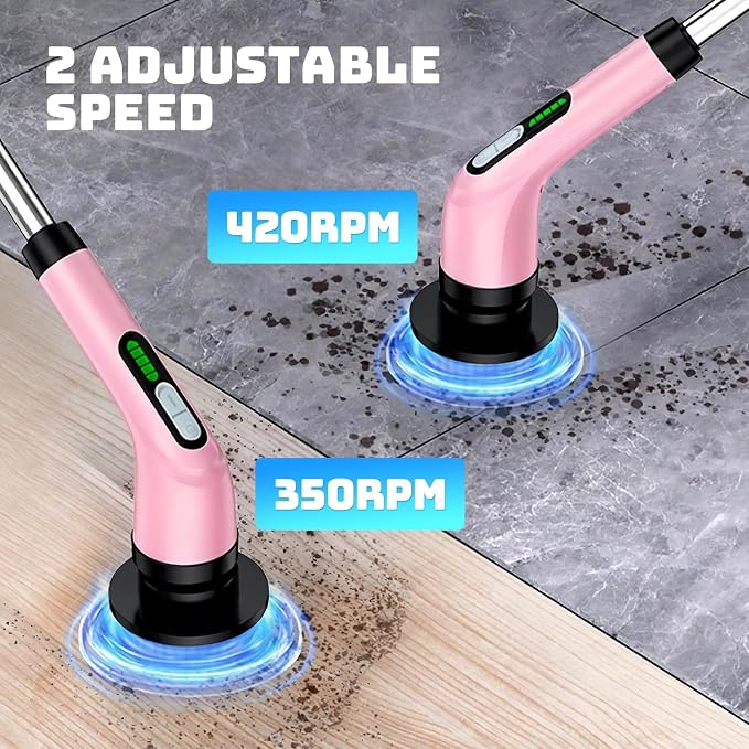 Highyes Electric Spin Scrubber for Bathroom, Upgrated Powerful IPX7 Waterproof Shower Scrubber with Extendable Long Handle A10D (Pink) | IPX7 Waterproof Shower Scrubber with Extendable Long Handle，Bathroom Cleaning Scrubber with 7 Reusable Brush Heads