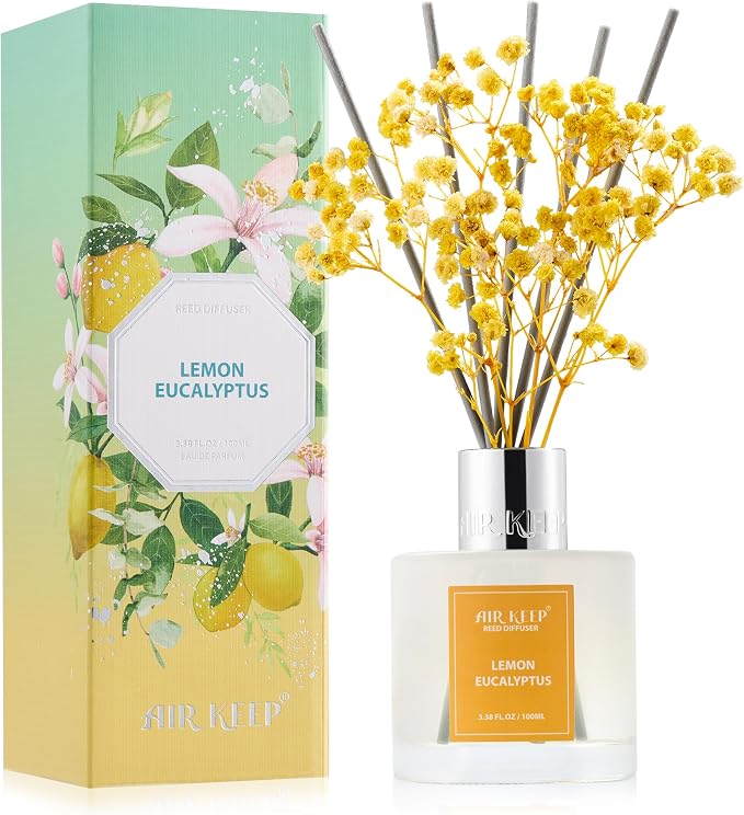 Reed Diffuser Set,3.38 fl oz (100 ml) - Lemon Eucalyptus Oil Diffusers with 8 Reed Sticks, Home Fragrance Reed Diffuser for Bathroom Shelf Decor