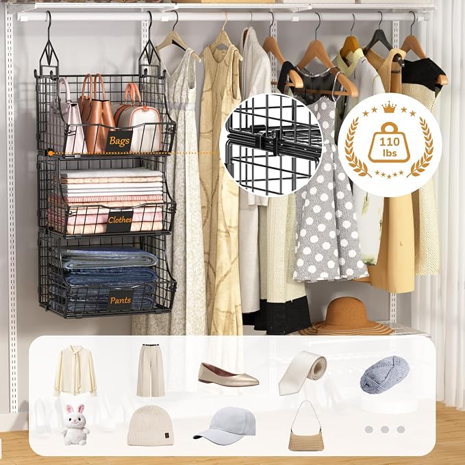 Hanging Closet Organizers and Storage, 5 Tier Closet Shelf Clothes Organizer with 2 S-Hooks, Multi-Functional Iron Wire Baskets, for Clothing, Sweaters, Handbags, Hat, Canned