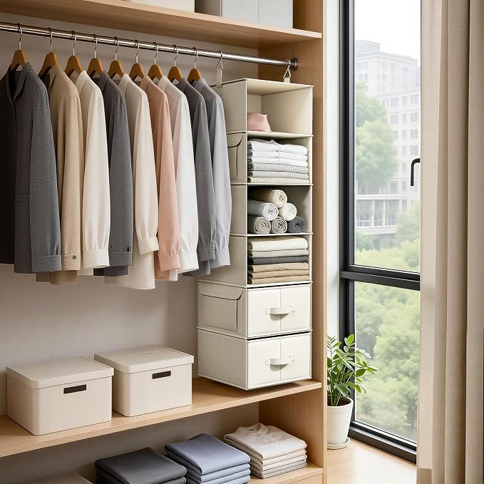 Vailando 6-Shelf Hanging Closet Organizer with 3 Fabric Drawers, Beige | Removable Fabric Drawers, Side Pockets, Reinforced Structure, Space-Saving Storage for Clothes, Nursery and Dorm Rooms