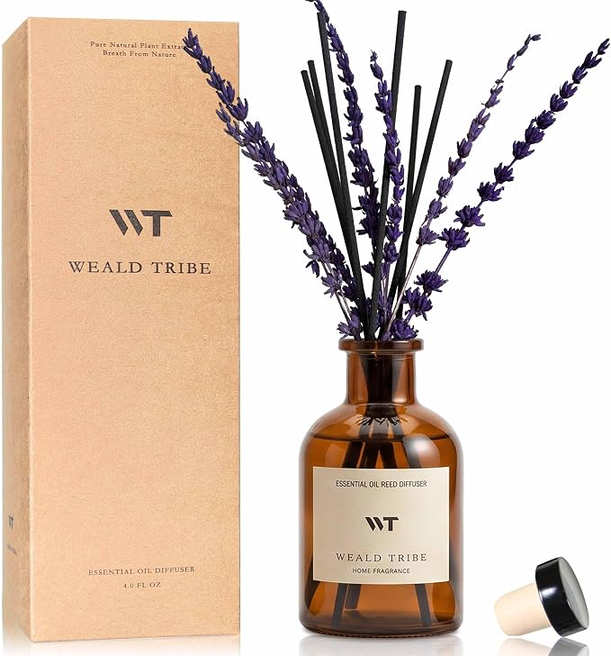 Reed Diffuser Set for Bathroom Air Fresheners Decor | Pure Lavender Scent Oil Diffuser With Flower, 4.0 fl oz Home Fragrance With Sticks Defusers | House Office Shelf Decor