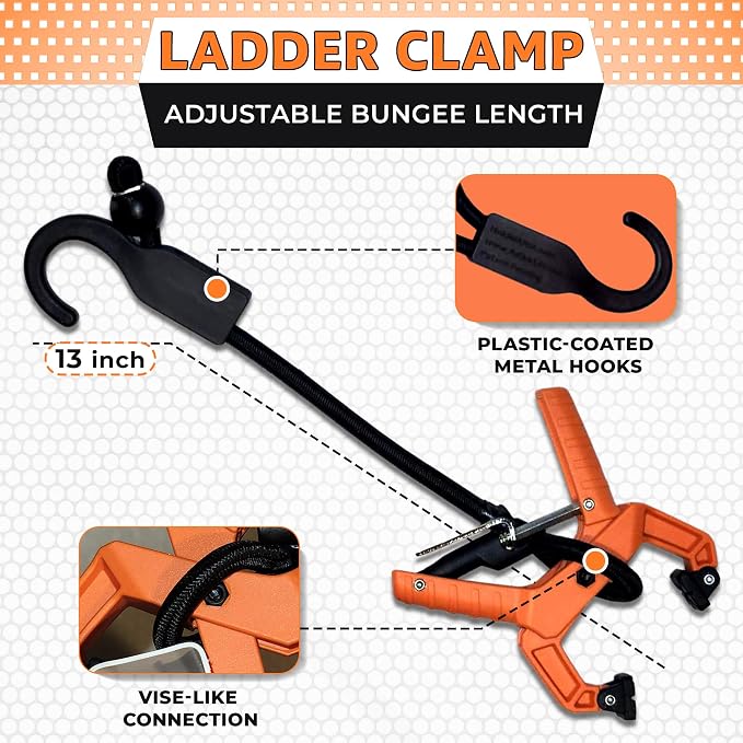 Holden USA - Ladder Clamp - Stabilizer Clip – Secure Safety Clamp for Roof, Gutters, and Wall Prep – Durable Support Cord for Roofing and Gutter Tasks (Pair / 2 Units) Mini Orange