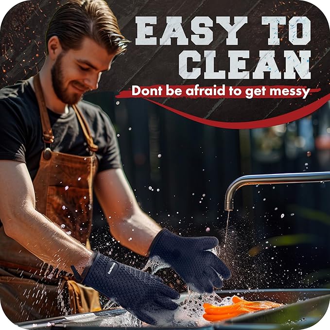 KITCHEN PERFECTION Silicone Smoker Oven Gloves - Extreme Heat Resistant BBQ Gloves - Handle Hot Food Right on Your Smoker Grill Fryer Pit | Waterproof Oven Mitts | Superior Value Set + 3 Bonuses