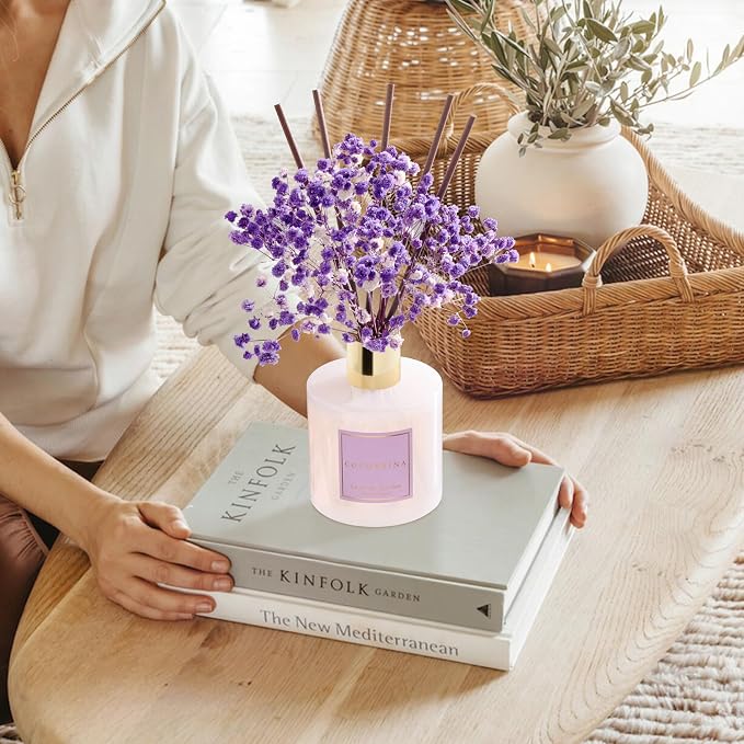 Reed Diffuser - Lavender Garden 6.7 Fl.oz Reed Diffuser Set with Sticks & Preserved Baby's Breath, Reed Diffuser for Home Bathroom Shelf Decor