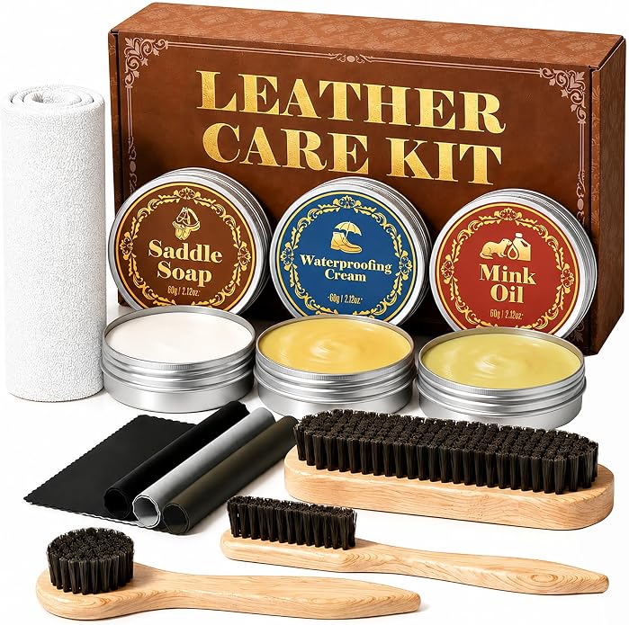 Jevvu Leather Shoe Cleaning Kit with Saddle Soap, Mink Oil & Waterproof Wax | Boot Cleaner & Shoe Shine Kit with Horsehair Brushes, Polish Cloths & Towel for Cowboy Boots, Work Boots, Shoes & Tack