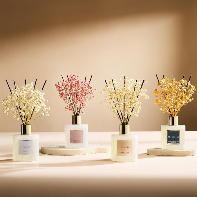 Reed Diffuser - Moroccan Amber 6.7 Fl.oz Reed Diffuser Set with Sticks & Preserved Baby's Breath, Reed Diffuser for Home Bathroom Shelf Decor