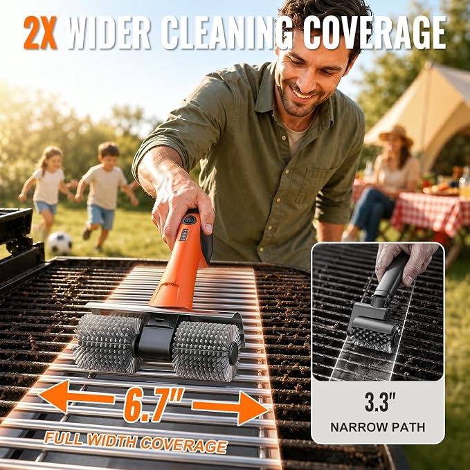 Electric Grill Brush - Dual Rotating Heads Cordless BBQ Grill Cleaner, 450 RPM Motorized Power Grill Cleaning Brush with LED Light, 6-Piece Replaceable Brush Set Safe for Most Outdoor Grill Grates