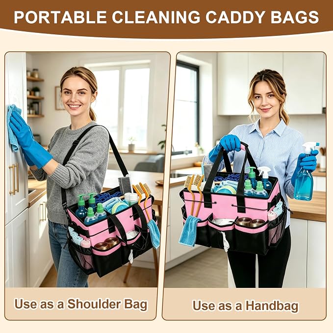 ALSLEA Large Cleaning Caddy Bag - 15" x 10.5" x 9" Heavy-Duty Organizer Tote for Housekeepers, Janitors & Home Cleaning Supplies with Adjustable Shoulder Strap & Multiple Pockets (Pink)