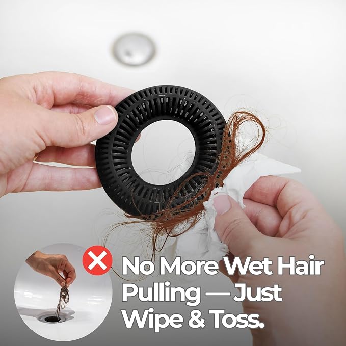 TubRing Pop-Up Drain Protector & Strainer Silicone Hair Catcher, Black | Easy snap-in design fits around bathtub stoppers. Customizable utility guard for clog prevention. Fits 1.85"- 2.16" drains.