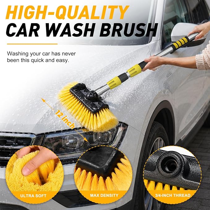SISUPASSIE 12FT Car Wash Brush with Long Handle, Telescopic Car Wash Brush with Soap Dispenser, 12-Inch Soft Bristle Car Cleaning Brush for Cleaning Car, RV, Truck, Boat, Solar Panels, Yellow