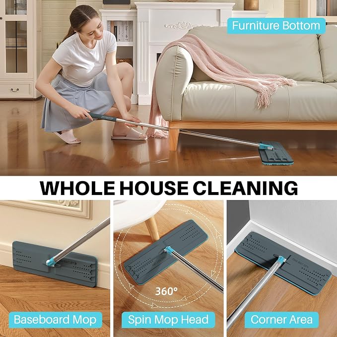 JOYMOOP Flat Mop, Microfiber Floor Cleaner with 60" Long Handle and Flexible 13" Head, Grey & Cyan Blue
