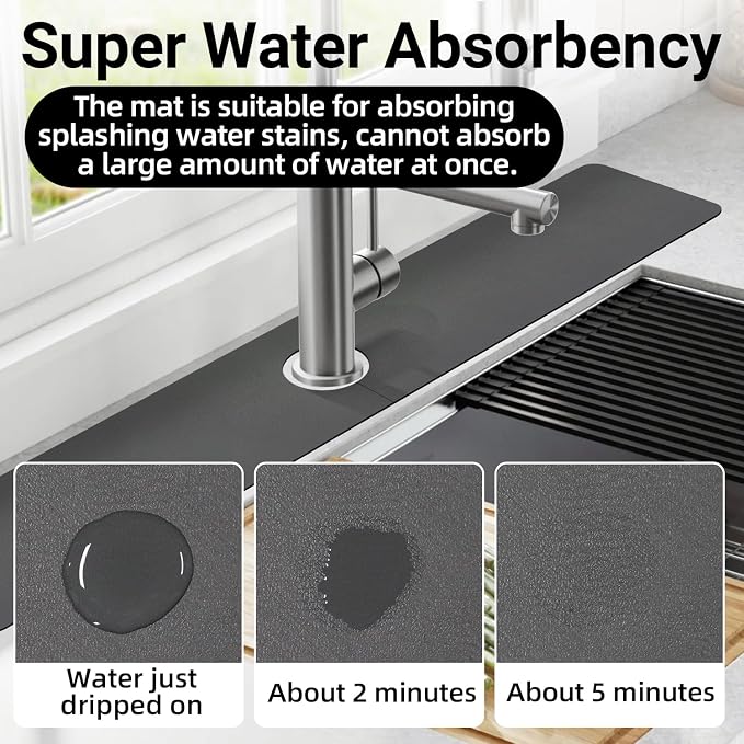 LOPNUR Faucet Mat for Kitchen Sink Cuttable, 29 Inch Extra Long Sink Splash Guard Behind Faucet, Super Absorbent Diatomite Sink Protector Mat, Bathroom Water Splash Guard Fast Dry, Easy to Cut, Grey